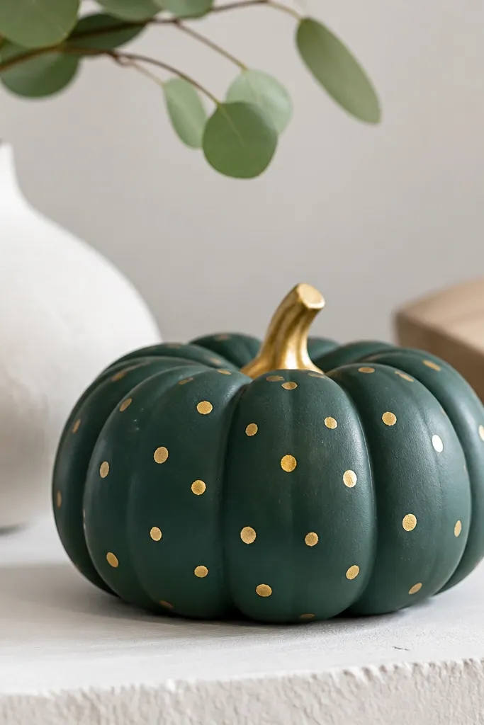A pumpkin with a matte deep green paint finish and scattered small gold dots that look metallic and slightly irregular, plus a tiny gold stem accent.