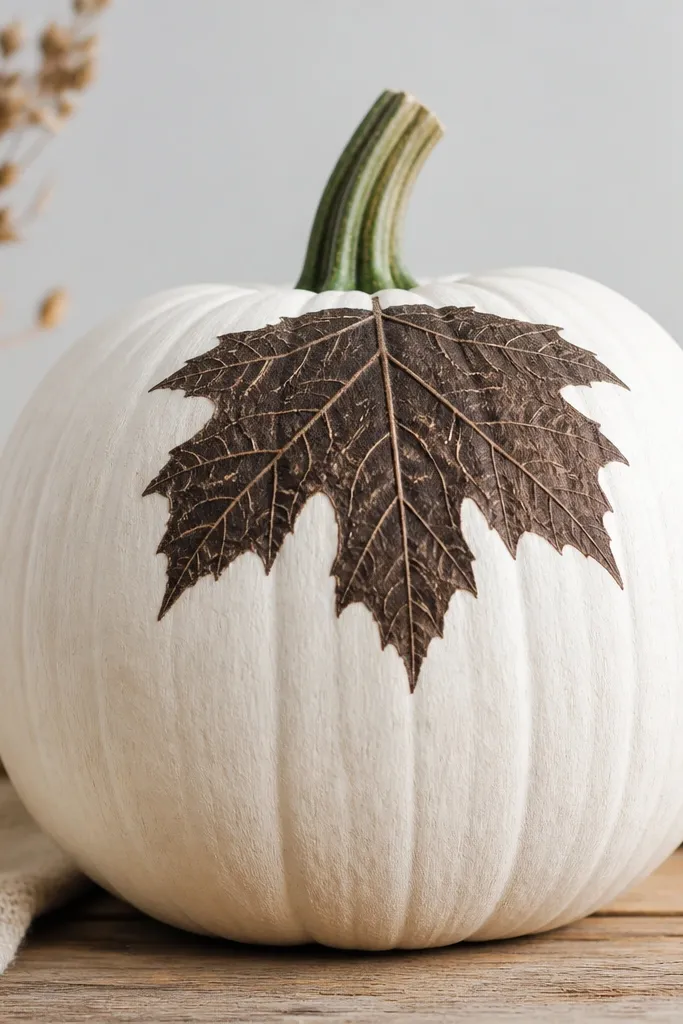 A white-painted pumpkin showing a crisp leaf silhouette in dark brown near the top third, with visible leaf veins as a raised texture, and a natural green stem.