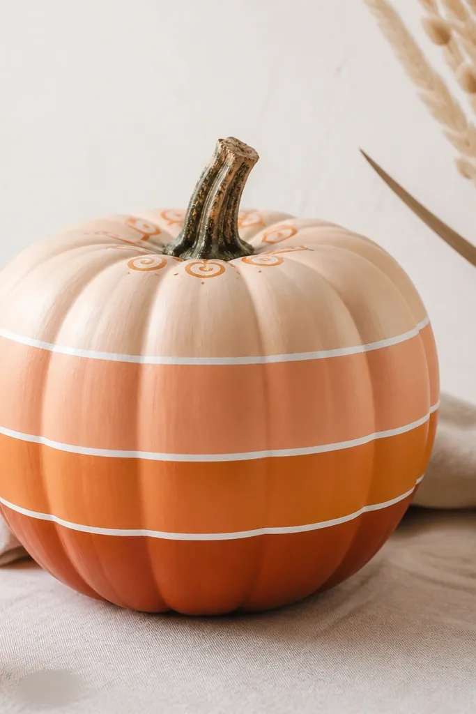 A pumpkin painted in horizontal ombre stripes from light peach to burnt orange, with crisp white washi tape separators and a small painted swirl near the stem.