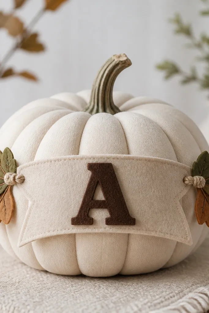 A pumpkin with a cream base and a large felt banner across the front holding a dark brown letter, plus small felt leaves at the ends of the banner.