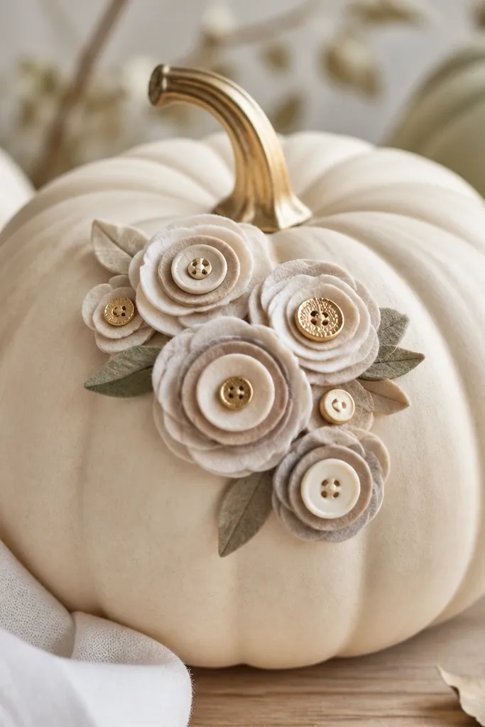 A cream pumpkin covered in a small cluster of fabric flowers made from layered buttons and round felt petals, with a tiny gold button center.