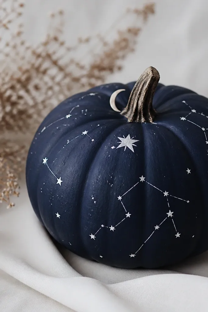 A navy pumpkin with small white stars connected by thin lines, plus one larger star near the top, and a subtle white crescent near the stem.