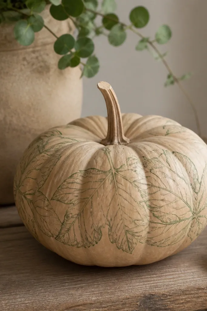A light tan pumpkin with pale green chalky leaf vein lines drawn freehand across the surface, giving a soft, hand-inked look.