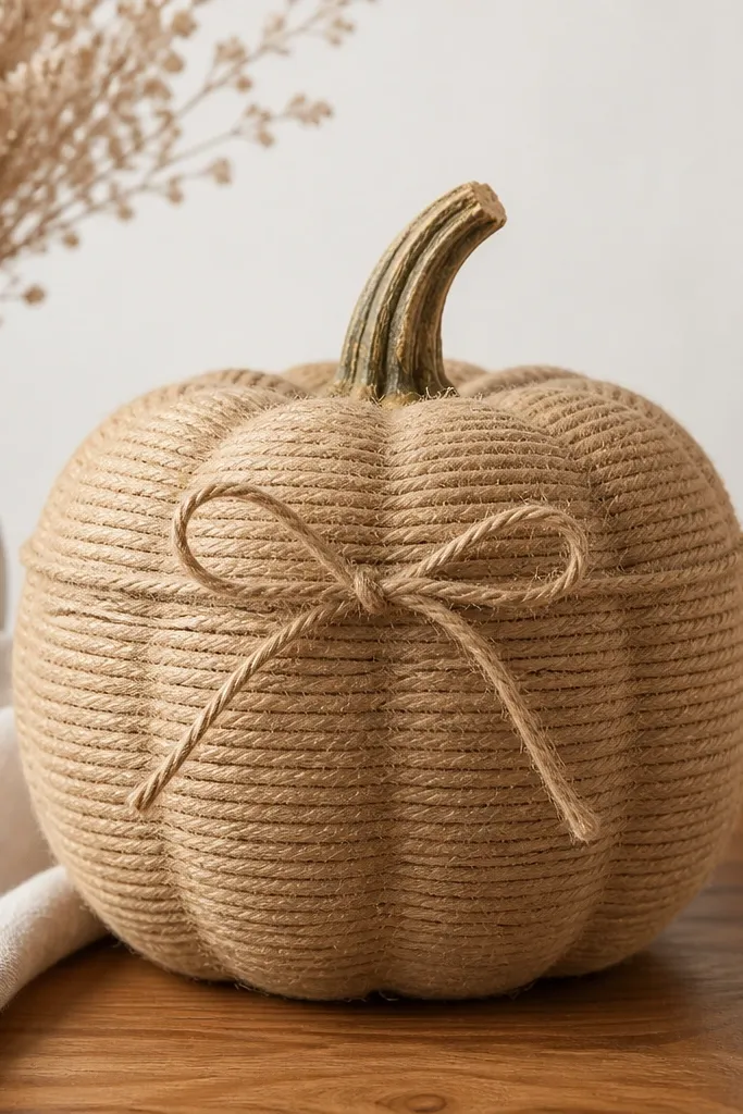 A pumpkin wrapped in natural jute rope in tight horizontal coils, with a small twine bow tied around the top third and a clean stem.