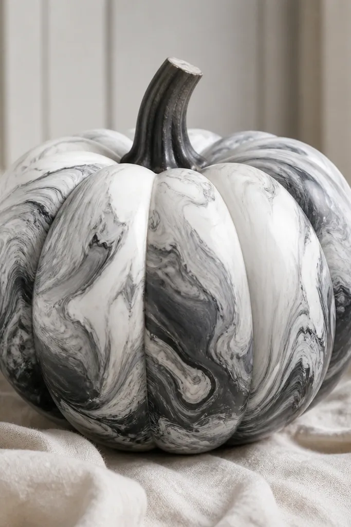 A pumpkin with a marbled swirl pattern in white, black, and gray, with soft feathered edges like ink in water, and a clean outline around the stem.