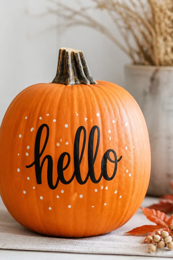 A pumpkin with crisp black vinyl letters reading a short word, surrounded by tiny white dot accents in a loose cluster; the pumpkin base is a warm orange.
