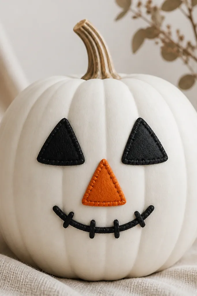 A white pumpkin with a felt face made of stitched-looking layers: orange triangle nose, black eye shapes, and a small stitched smile; felt edges are neatly glued.