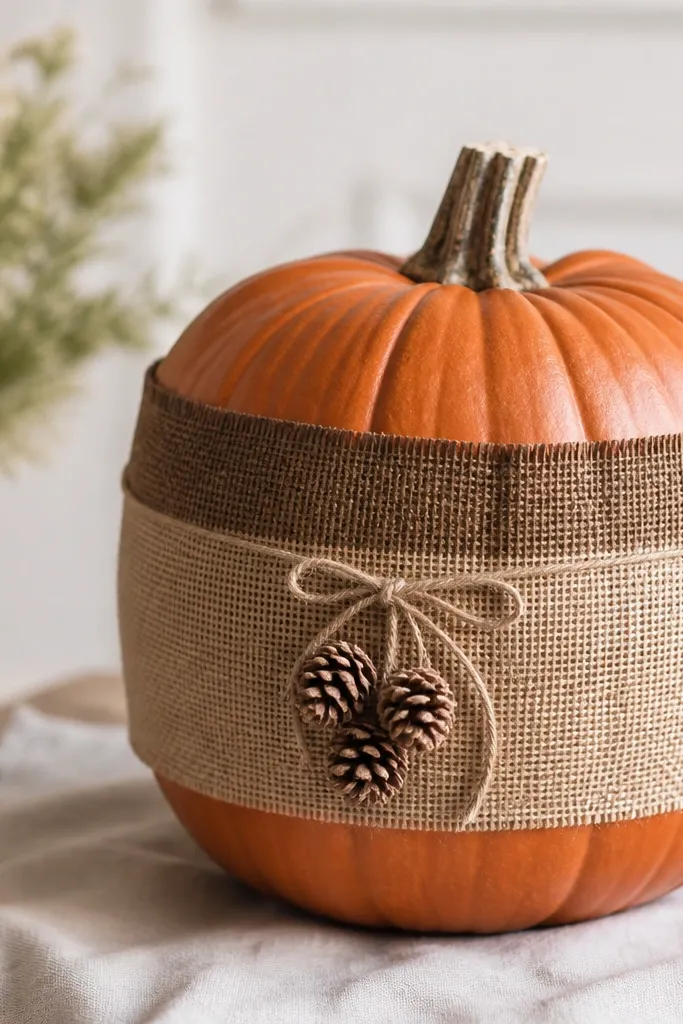 A pumpkin covered with a neutral burlap wrap around the middle, with the burlap top edge dyed darker and a small cluster of mini pinecones tied with twine.