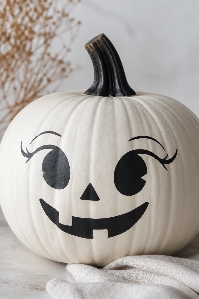 A pumpkin painted off-white with a playful stencil face in black, and extra thin black lines around the eyes like eyeliner for extra character.