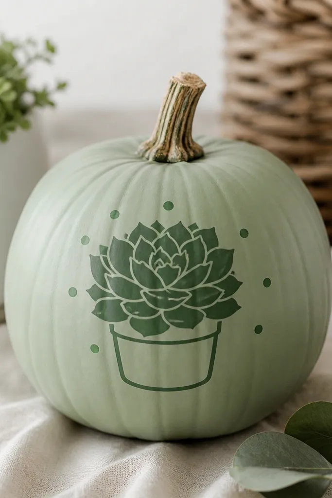A pale green pumpkin with a vinyl succulent plant graphic on the front, plus a few small dots and a tiny pot outline in darker green.