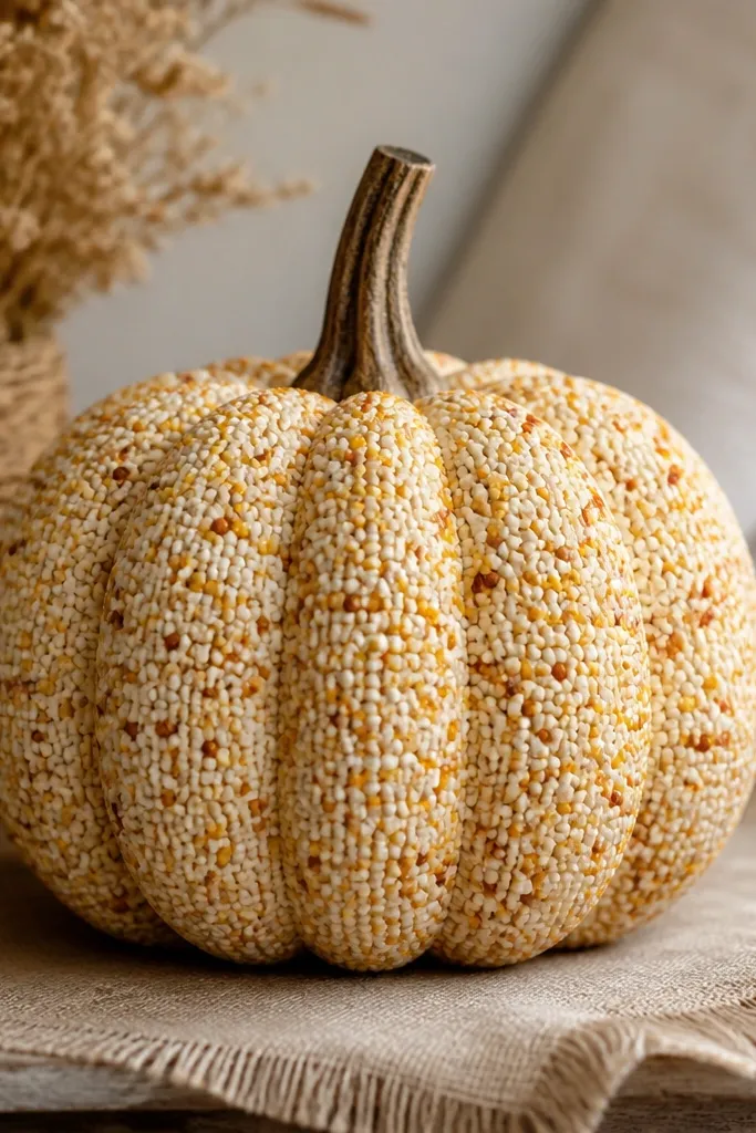 A cream pumpkin covered with small corn-like dots in yellow, honey brown, and tiny specks of orange, with a simple brown stem accent.