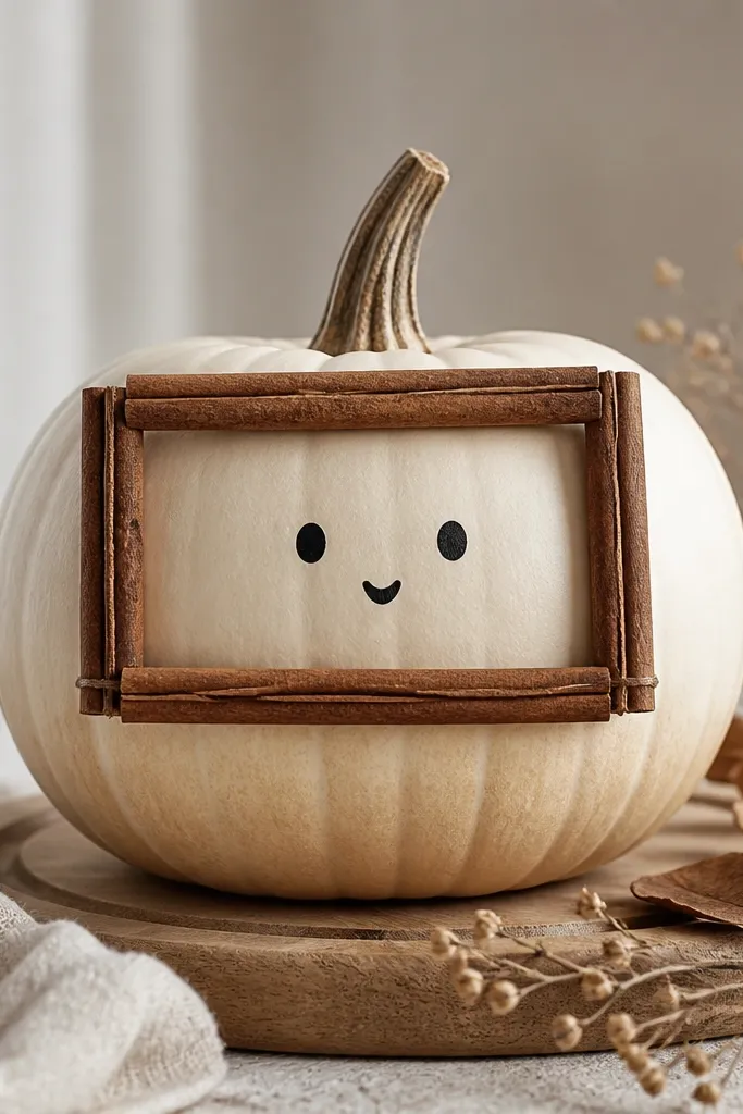 A pumpkin with a cream base and a rectangular frame made from cinnamon sticks around the upper half, with a small black face centered inside the frame.