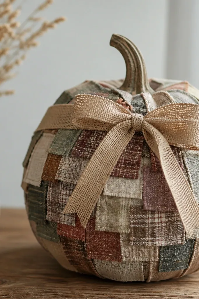A pumpkin covered in overlapping fabric squares in muted plaids and solids, with a single burlap ribbon tied in a bow around the top third.