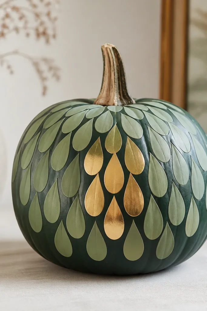 A deep green pumpkin painted with stacked teardrop scales in lighter green and a few gold teardrops near the center, arranged in neat rows.