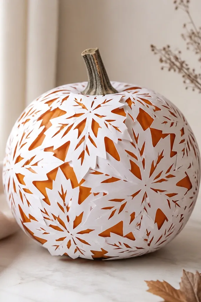 A pumpkin wrapped with white paper cutouts resembling snowflakes but shaped like leaf points, with a few layered cutouts and a warm orange base peeking through.