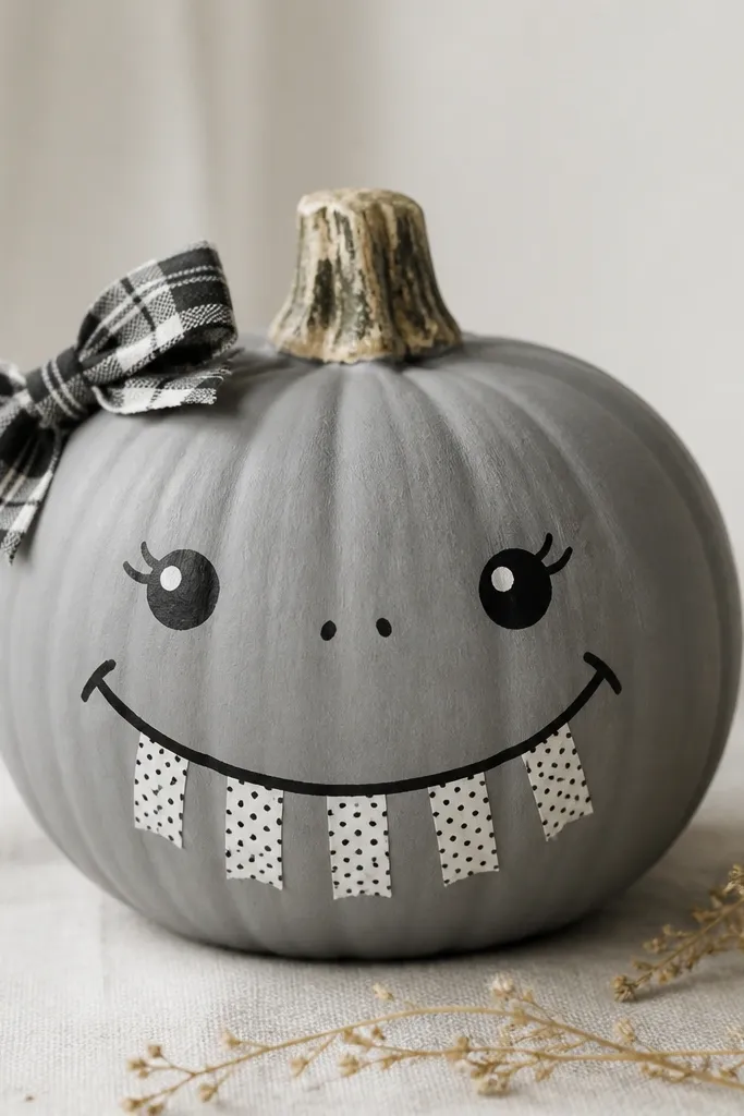 A pumpkin with a muted gray base, a cute face outlined in black paint, and white washi tape strips forming teeth, plus a small plaid bow on the side.