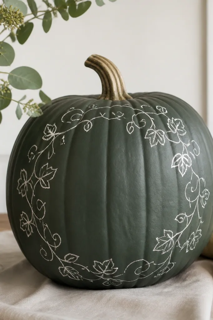 A pumpkin painted dark chalkboard green with white vine-like script and small drawn leaves around the text, giving a menu-board look.