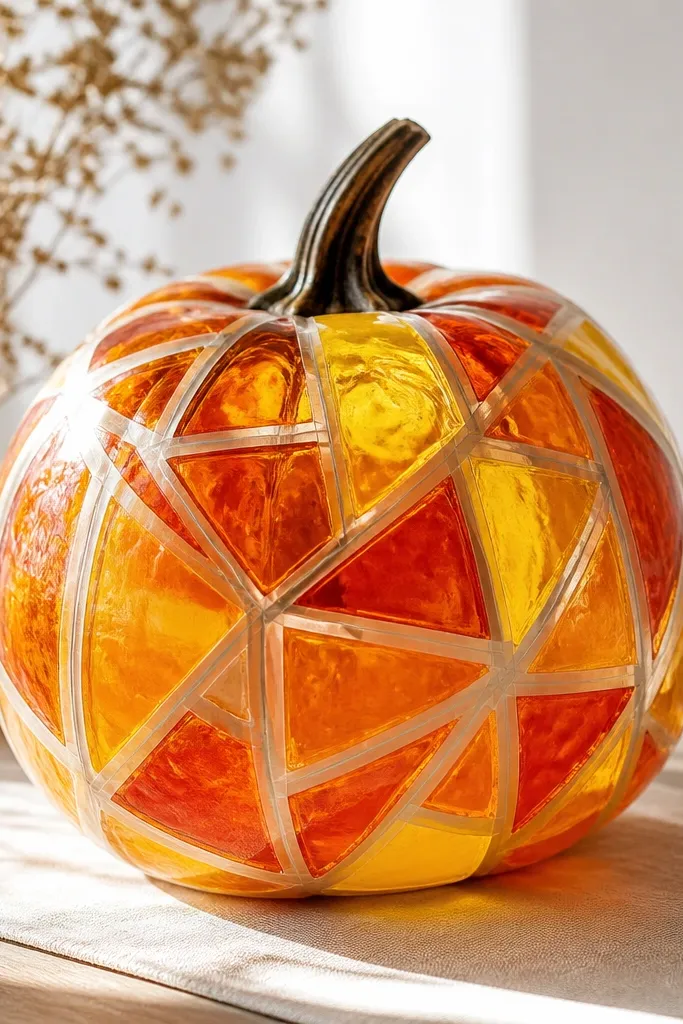 A pumpkin with geometric stained-glass panels outlined by clear tape, filled with translucent orange, yellow, and amber paint, creating a glowing look under light.