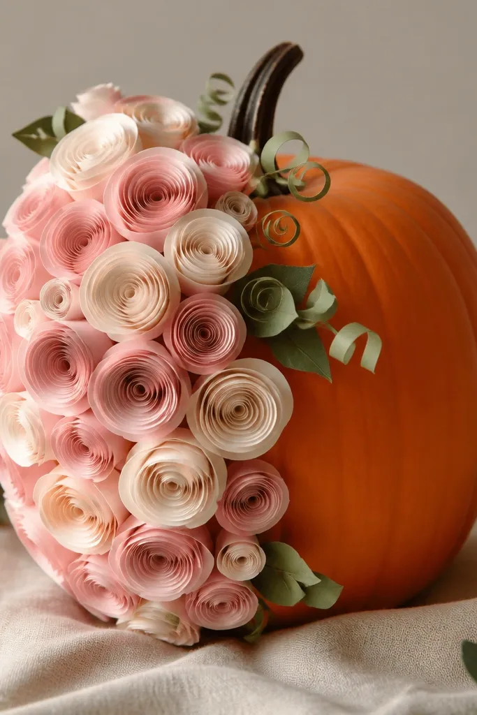 A pumpkin covered on one side with rolled paper rosebuds in blush pink and cream, with a few curled green leaves, leaving the other side mostly orange.