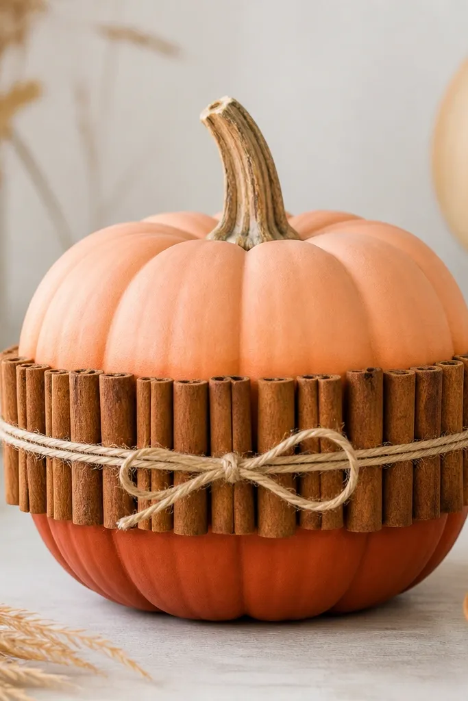 A small craft pumpkin with a burnt-orange paint ombre that fades from deep rust at the bottom to peachy orange at the top. A ring of cinnamon sticks forms a neat border around the middle, tied together with thin twine. The pumpkin stem is left natural and the cinnamon sticks look matte and warm against the smooth paint.