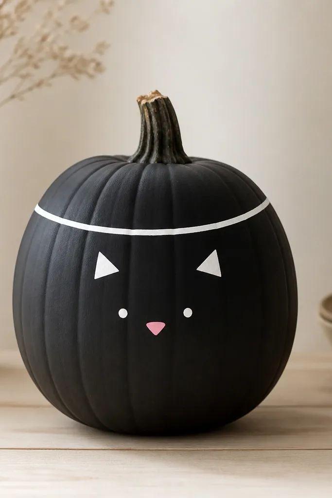 A smooth orange pumpkin painted matte black, with a simple white oval collar around the top third. The cat has two small white triangle ears, a tiny pink nose, and two dot eyes, all centered on the front.