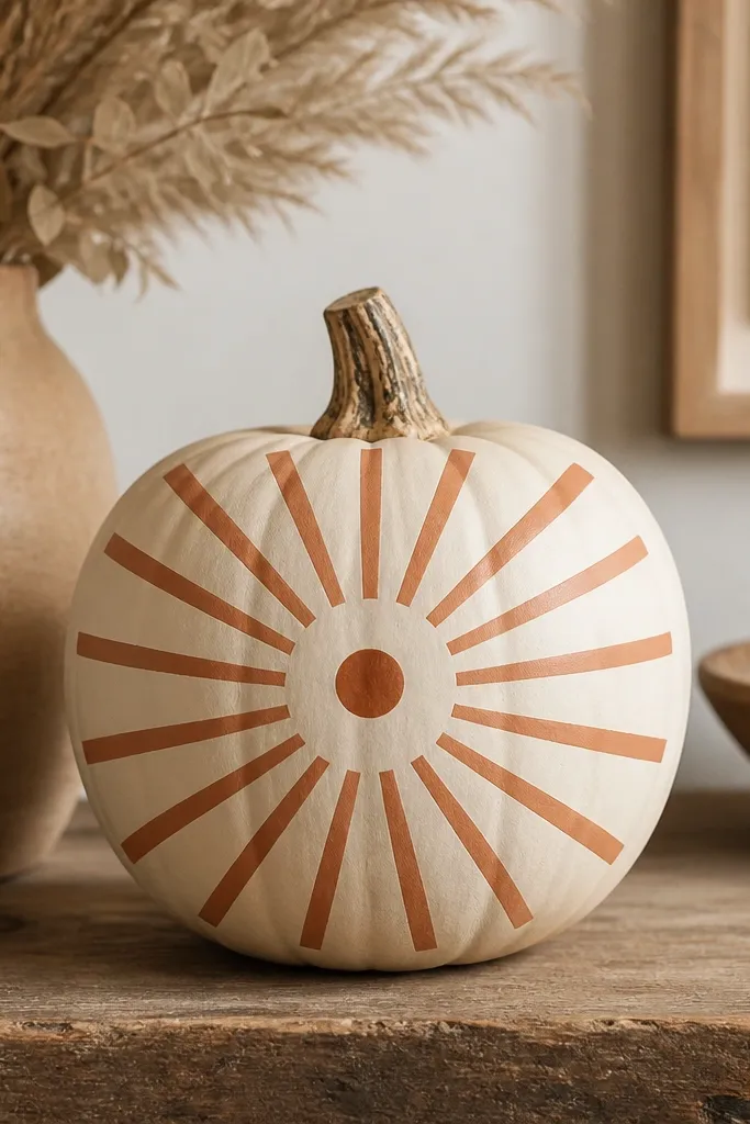 A cream-painted pumpkin with evenly spaced terracotta sunburst rays radiating from a central circle. The rays are straight and slightly tapered, with a small darker terracotta dot in the middle.
