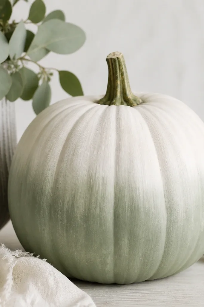A pumpkin that fades from deep sage at the bottom to soft white at the top, with smooth blending and slightly visible brush strokes kept minimal. The stem remains natural or lightly painted green.
