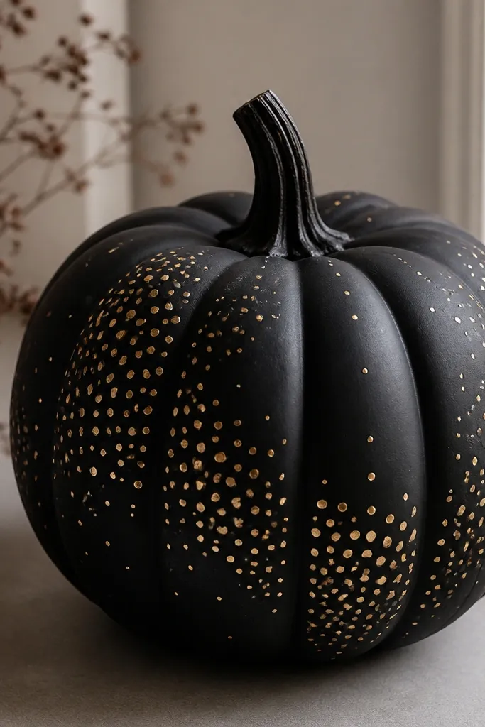 A matte black pumpkin covered in small metallic gold dots in clusters. The dots vary in size, forming a subtle pattern around the front and around one side.