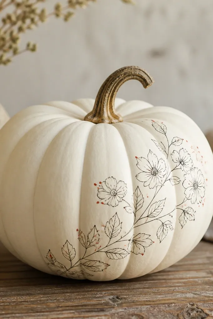 A cream pumpkin with thin black line drawings of small flowers and leaves. The flowers sit along one side, with a few tiny red dot accents near the petals.
