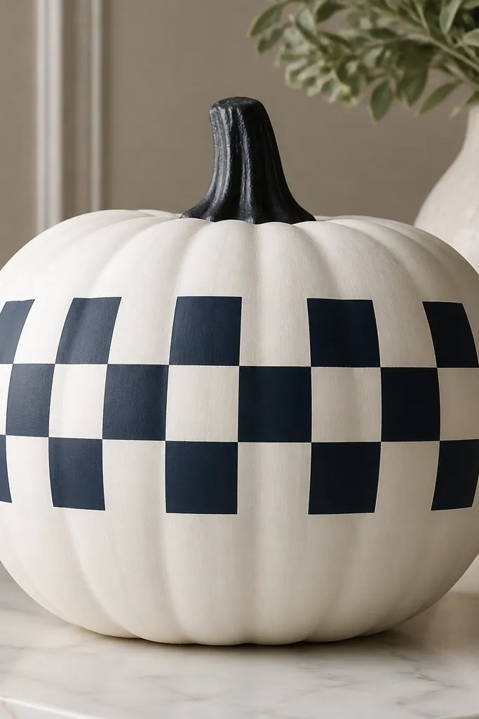 A white pumpkin with a navy checkerboard pattern across the front, with crisp square edges. The squares align in a neat grid, and the stem area is kept dark.