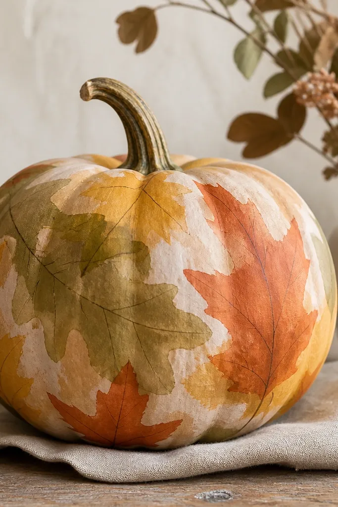 A light neutral base pumpkin with loose watercolor-style leaf shapes. Leaves overlap in olive green, rust orange, and mustard yellow, with soft edges and a few darker veins.