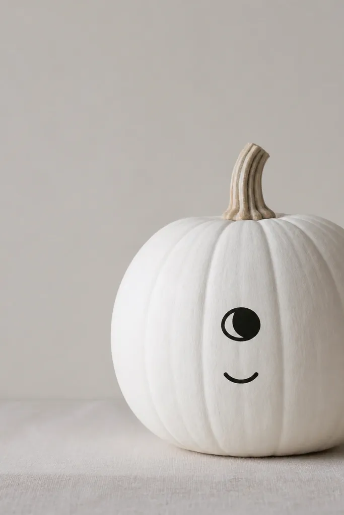A matte white pumpkin with a single black eye on one side and a small black curved smile below it. The design is simple, with lots of negative space.