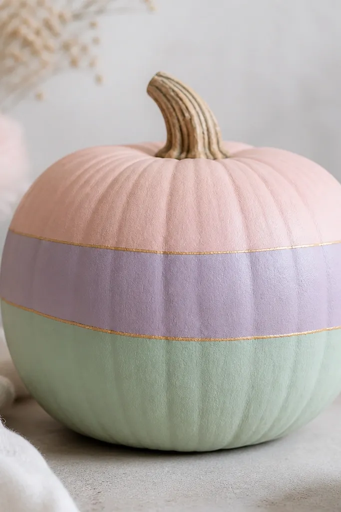 A pumpkin painted in pastel stripes: blush pink, soft lavender, and pale mint. A thin metallic gold line runs horizontally like a thread across the stripes.