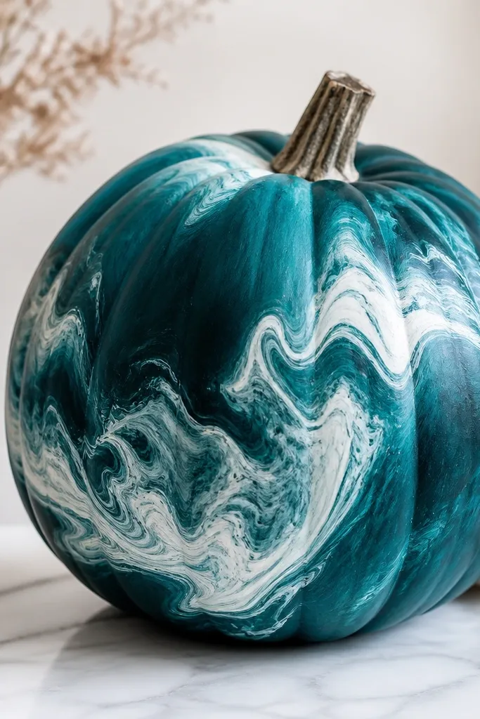 A pumpkin painted deep teal with cloudy marbling. White swirls and wisps flow across the surface, with some lighter teal streaks for depth.