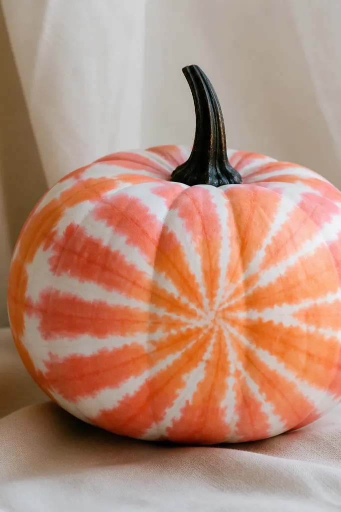 A pumpkin with a tie-dye look: coral and tangerine swirls radiate from the center, with white gaps between color bands. The stem is painted dark brown or black.