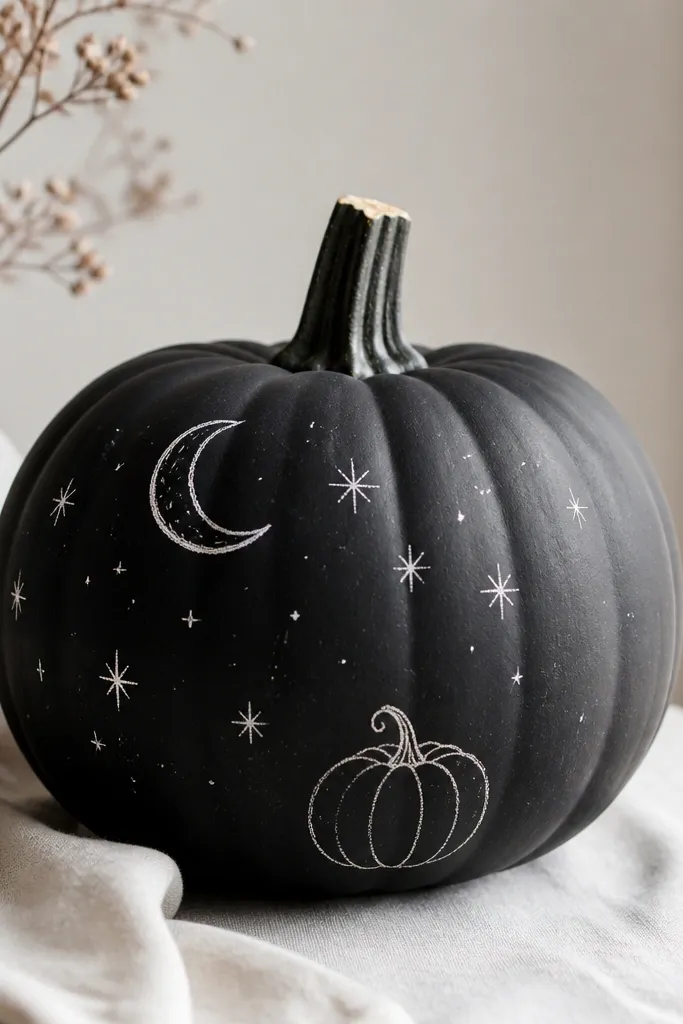 A matte black pumpkin with a "chalkboard" finish and simple white doodles: stars, a crescent moon, and a small pumpkin icon near the bottom.
