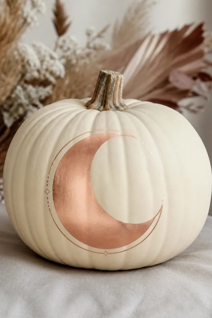 A cream pumpkin with a bold rose-gold half-moon shape on the front. The half-moon is crisp, with small geometric dots and a thin rose-gold line near the edge.