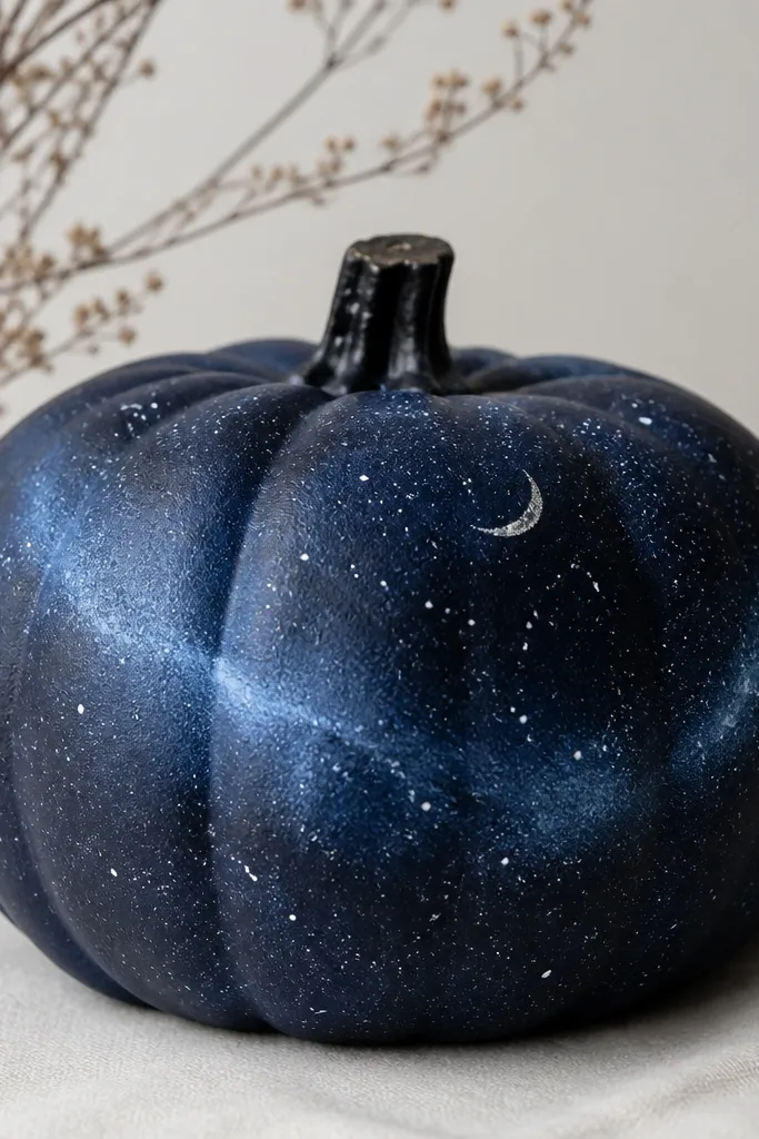 A dark navy pumpkin with a sprayed-looking galaxy pattern. There are scattered white star dots, a few pale blue swirls, and a small crescent highlight near the top.