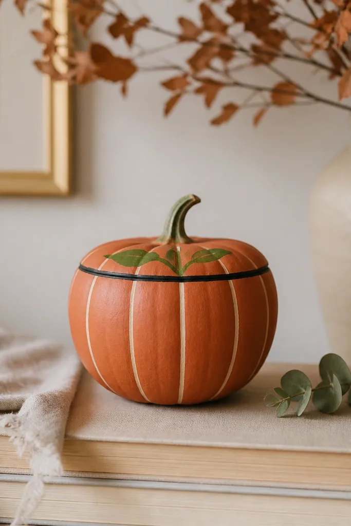 A pumpkin painted like a tiny terracotta pot: burnt orange base, vertical lighter lines, and a small painted green plant sprout at the top. A thin black rim lines the top edge.