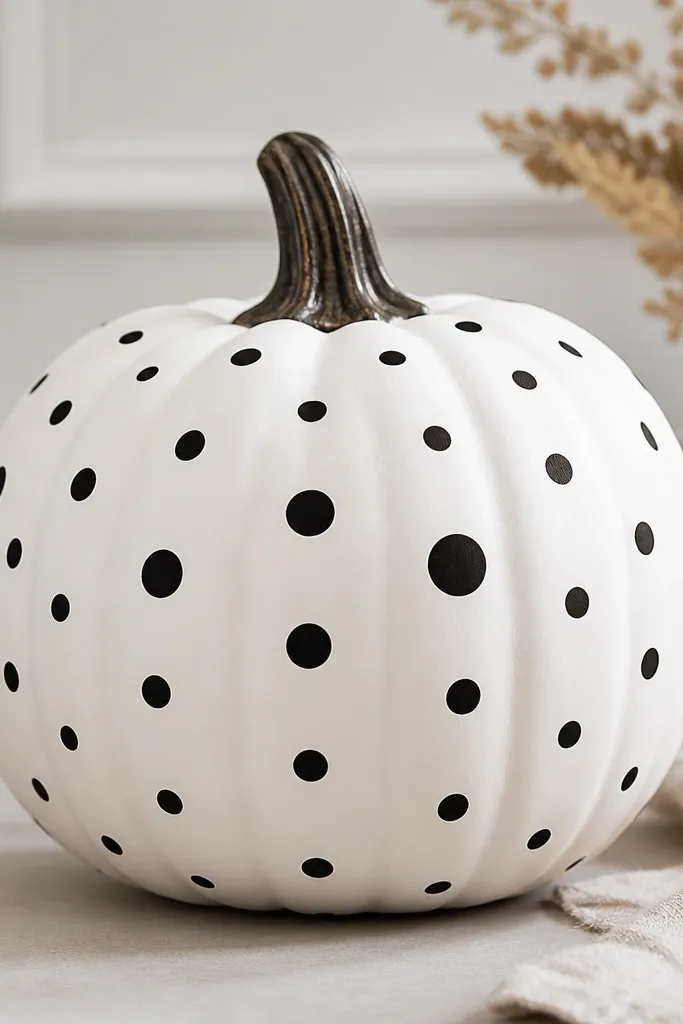A white pumpkin with evenly spaced black polka dots. The dots are consistent in size across the front, with a few slightly larger dots near the center.