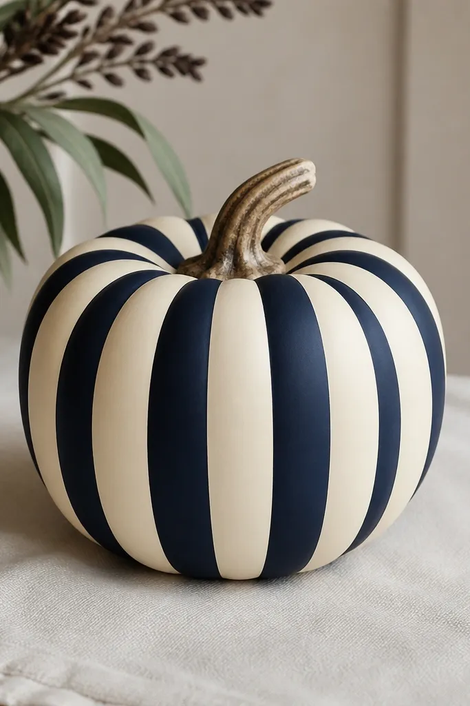 A cream pumpkin with navy vertical stripes that wrap around it. Each stripe is crisp and even, with clean edges and a matte finish.