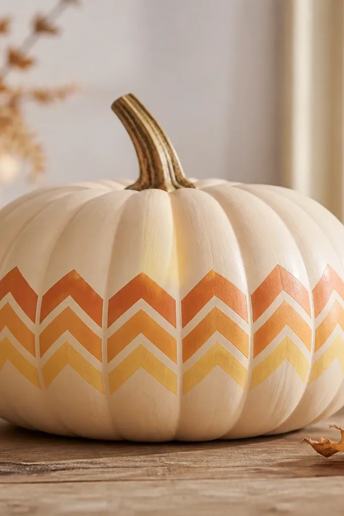A pumpkin painted in a warm beige base with a chevron border around the midsection. The chevrons fade from deep orange to pale yellow and are separated by thin negative space lines.