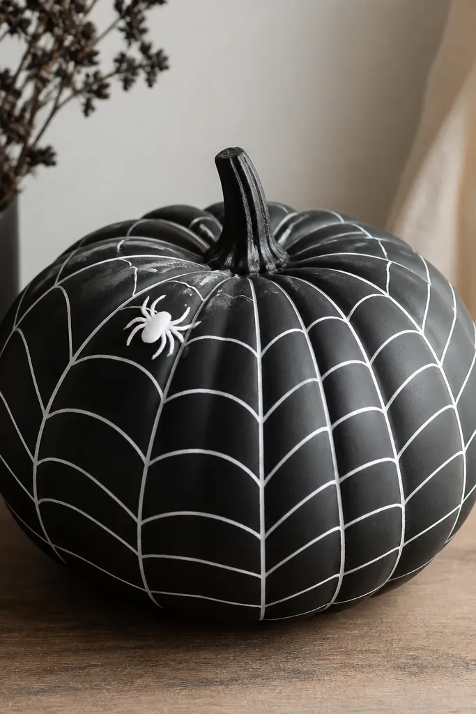 A matte black pumpkin covered in a white web pattern: radial lines from the center and curved thread rings. A small white spider silhouette sits near the top.