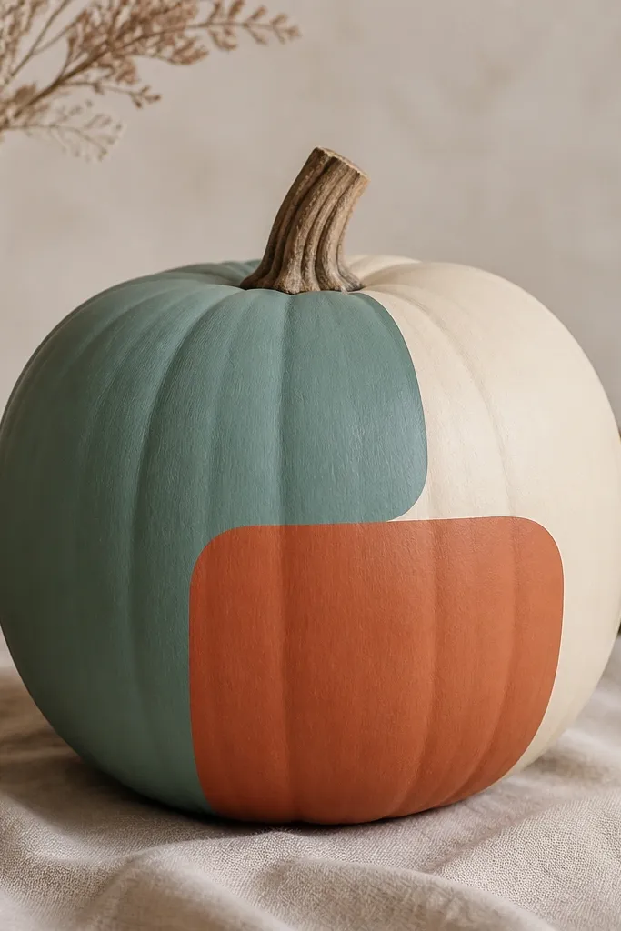 A pumpkin split into three color blocks: muted teal, terracotta, and cream. The borders have rounded corner shapes, like soft rectangles, with clean edges.