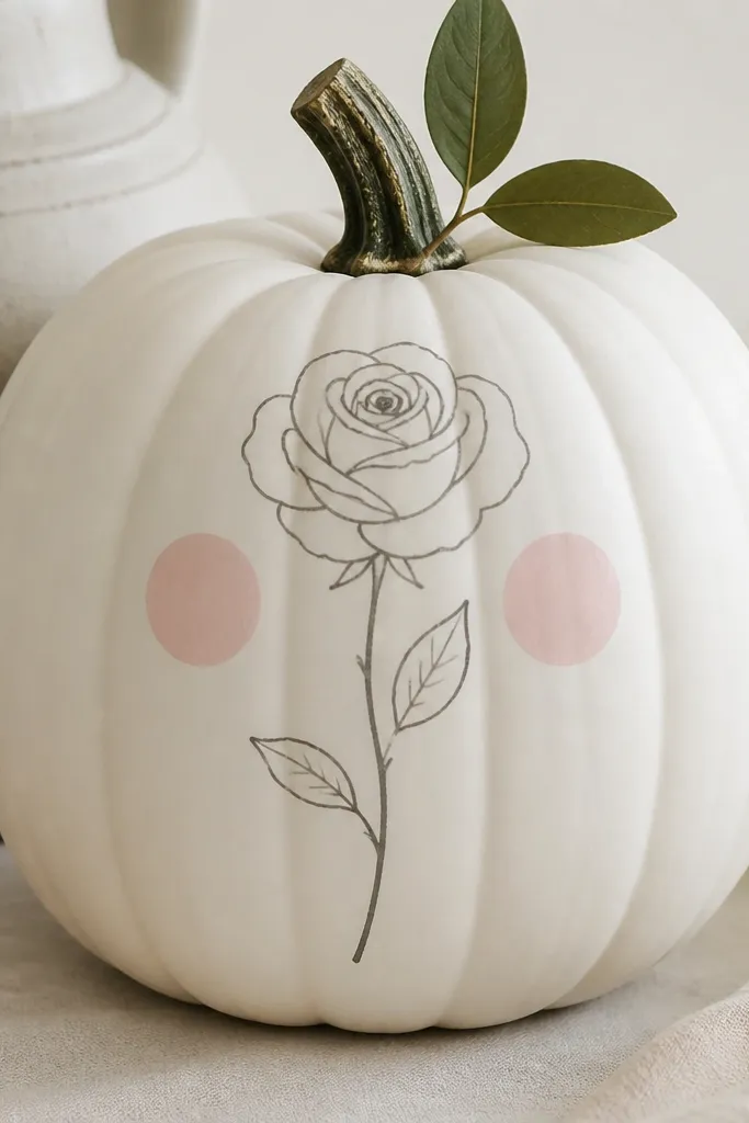 A white pumpkin with a monochrome rose illustration: a single rose line in muted gray. There are blush pink cheek circles and a small leaf stem near the top.