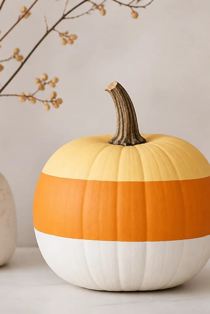 A pumpkin with three horizontal color stripes: pale yellow on top, orange in the middle, and white at the bottom. The stripes have sharp tape-clean edges and a matte finish.