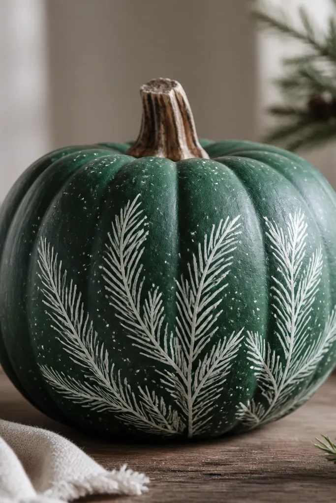 A deep green pumpkin with white pine branch silhouettes across the front. There are tiny white flecks like snow along the branches and a slightly lighter green highlight around the edges.