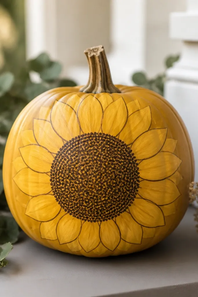 A pumpkin painted golden yellow with a sunflower face. The center is a textured circle filled with many small brown dots, and the petals are simple curved yellow shapes with darker outlines.