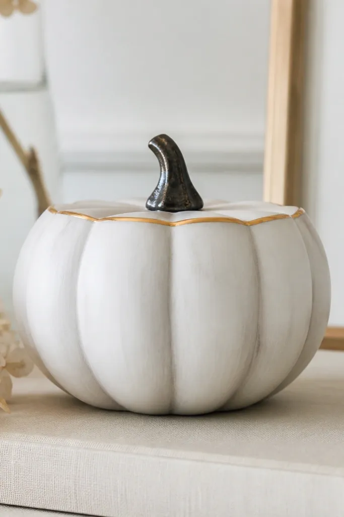 A pumpkin with a white base and a soft gray wash in the grooves. The top edge has a thin gold rim line, and the stem looks dark with a slight sheen.