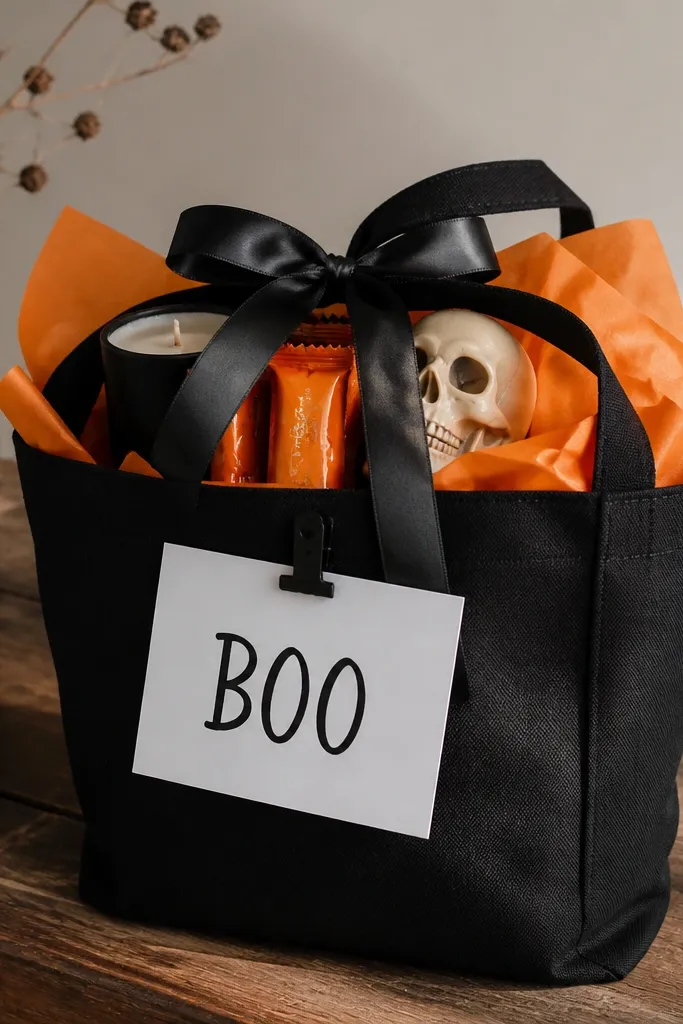 A medium black canvas tote bag lined with orange tissue paper, with a white "BOO" card clipped to the front handle. Inside are a black mini candle, orange wrapped candy bars, and a small plastic skull on top, all tied together with a black satin ribbon bow.